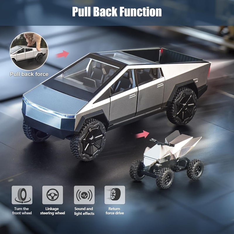 stochastic box Pickup Truck and Motorcycle 1/24 Diecast Cars with Lights and Sounds Cybertruck Metal Toy Cars for Kids Adults Boys Silver - Image 3