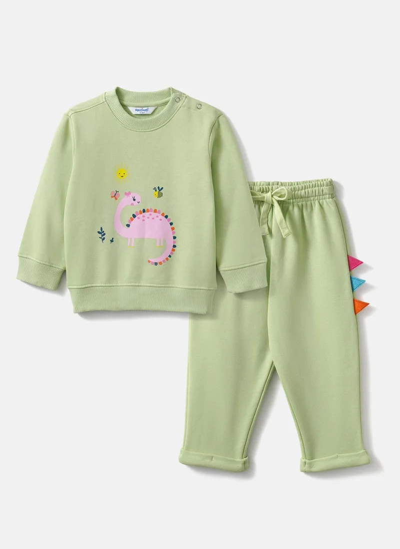 Nautinati Nautinati Light Green Fleece Set of Dino Print Sweatshirt and Joggers for Infants