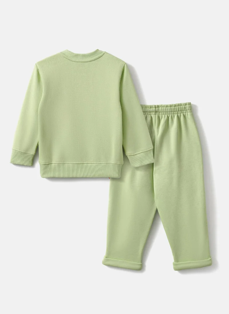 Nautinati Nautinati Light Green Fleece Set of Dino Print Sweatshirt and Joggers for Infants
