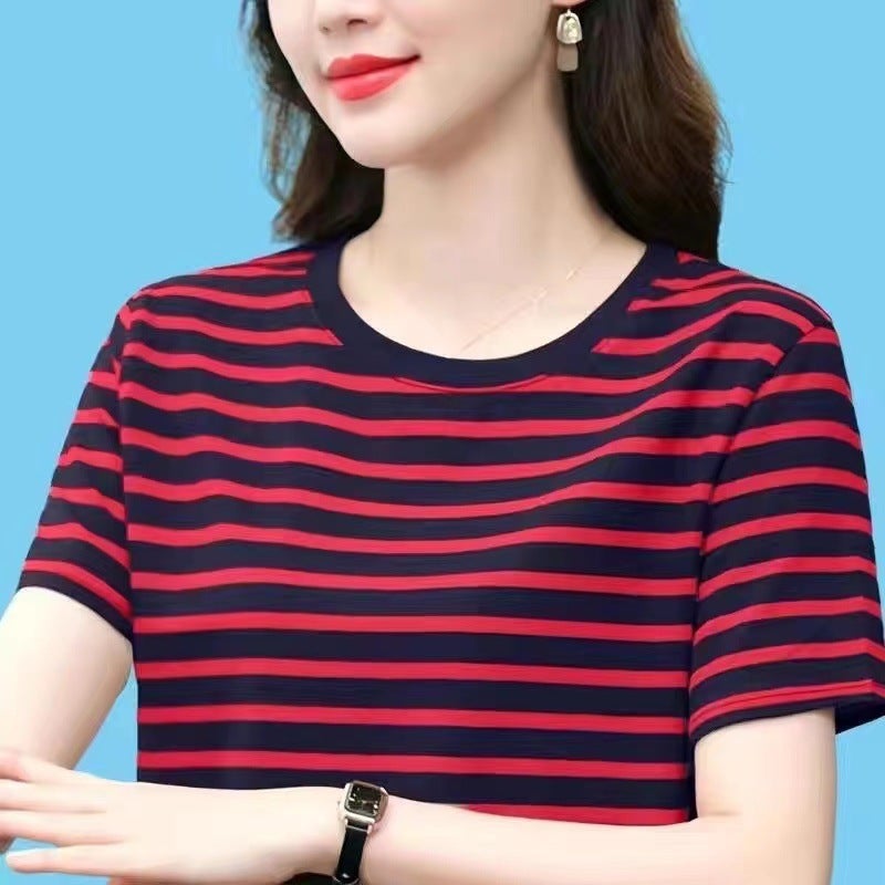Summer New Women's T-Shirt Short-Sleeved Tops Large Size Loose Versatile Half-Sleeved Stripesd Round Neck Mom T-Shirt - Image 3