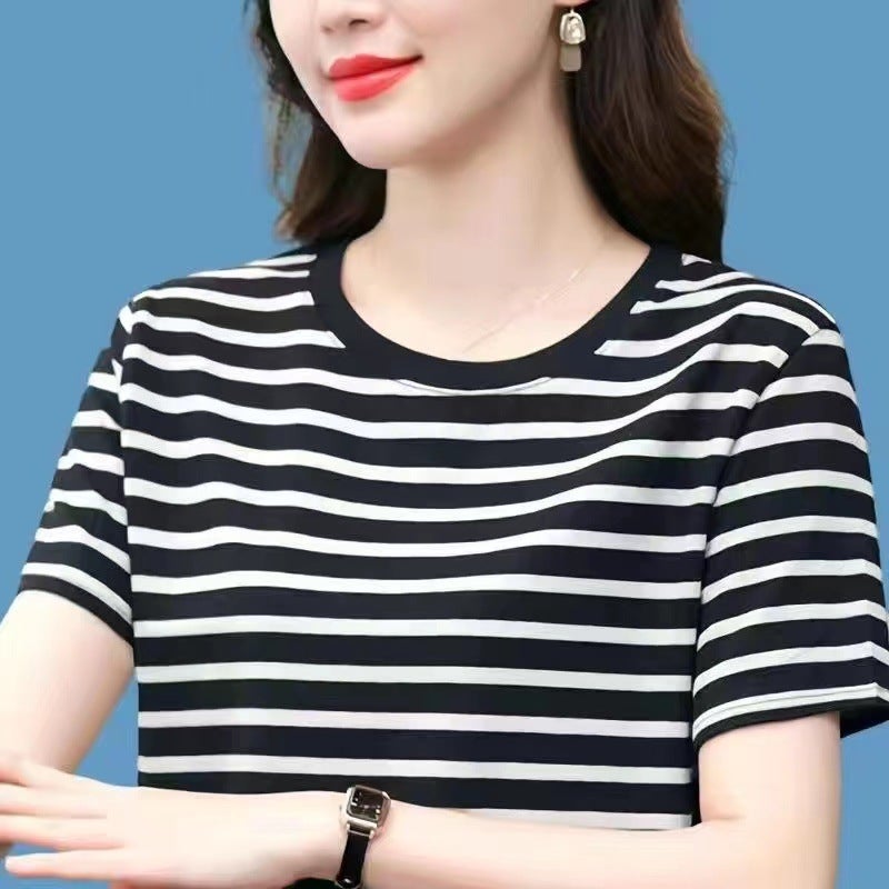 Summer New Women's T-Shirt Short-Sleeved Tops Large Size Loose Versatile Half-Sleeved Stripesd Round Neck Mom T-Shirt - Image 5