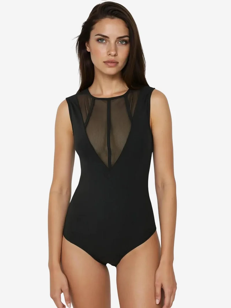 زوبعة بودي سوت محبوك بياقة دائرية بقصة ضيقة وسحاب