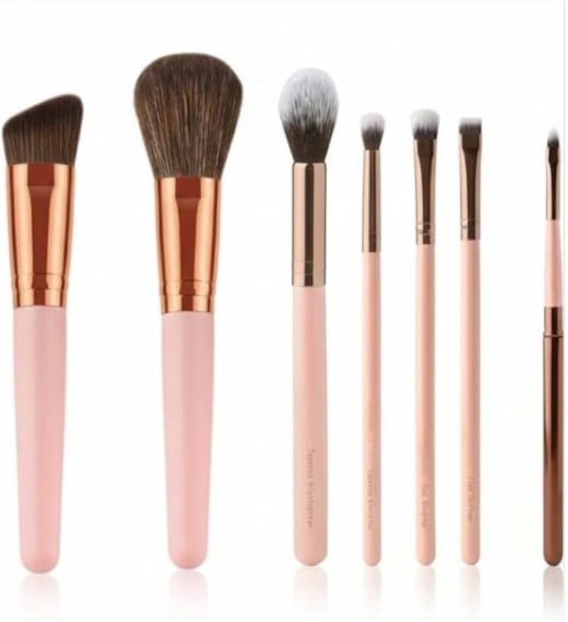 مجموعة فرش مكياج كبيرة مكونة من 7 قطع، مصنوعة من ألياف صناعية فاخرة، تتضمن فرشاة كريم أساس، كونسيلر، بودرة، أحمر خدود، فرشاة دمج، فرشاة ظلال عيون، فرشاة آيلاينر بزاوية - لون وردي - مع حقيبة غطاء