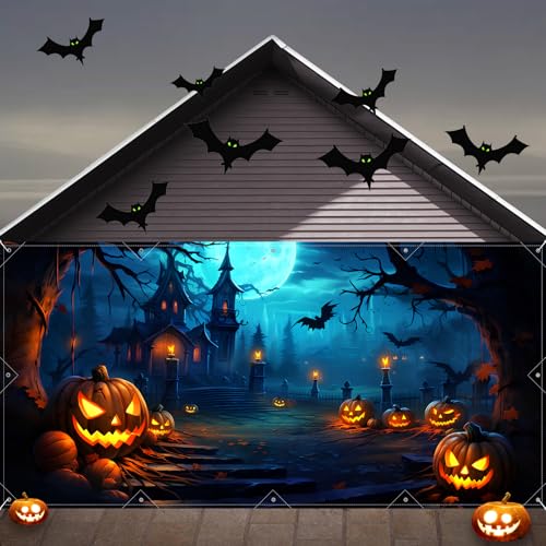 GRMIKBU Halloween Decorations Garage Door Cover Large Hanging Backdrop Door Cover Halloween Garage Wall Decorations for Outdoor Home Yard Garage Door Decorations Party Photo Backgrounds 7X16Ft - Image 1