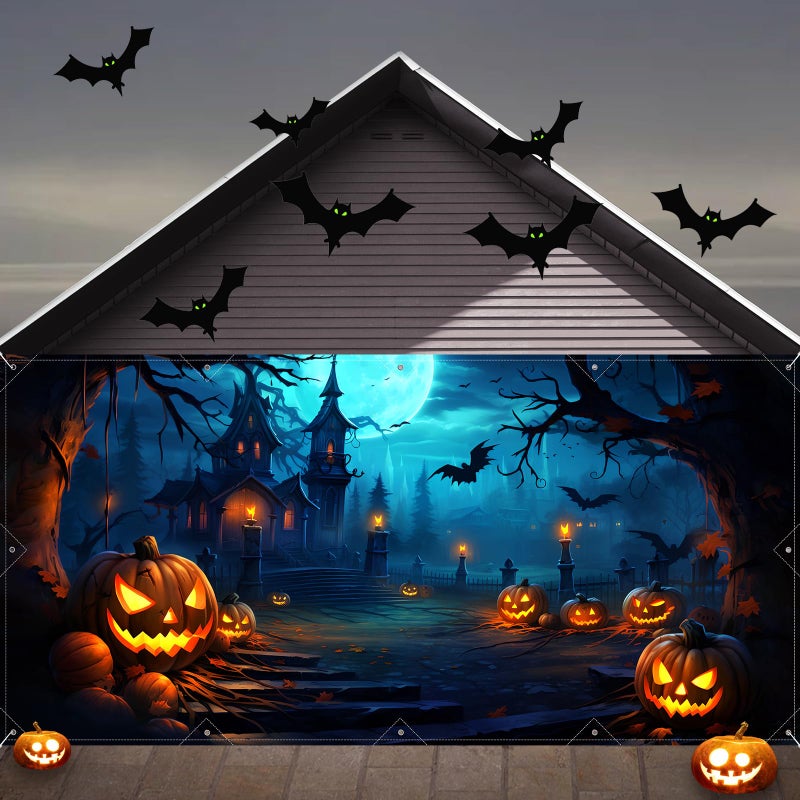 GRMIKBU Halloween Decorations Garage Door Cover Large Hanging Backdrop Door Cover Halloween Garage Wall Decorations for Outdoor Home Yard Garage Door Decorations Party Photo Backgrounds 7X16Ft - Image 2