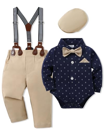 SANMIO Baby Boy Clothes Suit 36 Months Boys Baptism Easter Outfits Baby ShirtBow TiePantsSuspenders 4Pcs Christmas Wedding Clothing Set Navy Bule 36 Months - Image 1