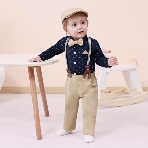 SANMIO Baby Boy Clothes Suit 36 Months Boys Baptism Easter Outfits Baby ShirtBow TiePantsSuspenders 4Pcs Christmas Wedding Clothing Set Navy Bule 36 Months - Image 3