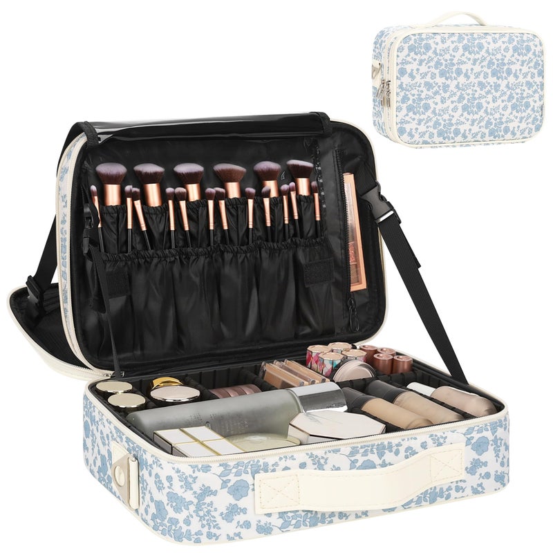 Relavel Makeup Bag Travel Train Case for Women and Girls, Cute Cosmetic Storage Organizer Box Portable Shoulder Bag with Adjustable Dividers and Makeup Brush Comparment, Floral Print - Image 1