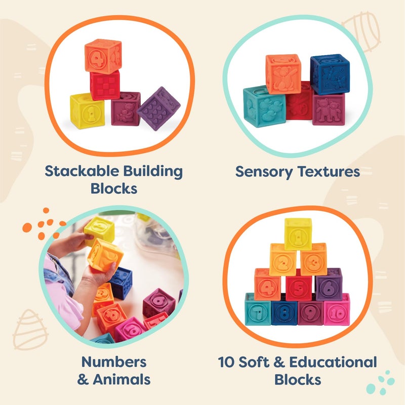 B. toys – Baby Blocks – Stacking & Building Toys For Babies – 10 Soft & Educational Blocks- Numbers, Shapes, Colors, Animals- One Two Squeeze- 6 Months + - Image 2