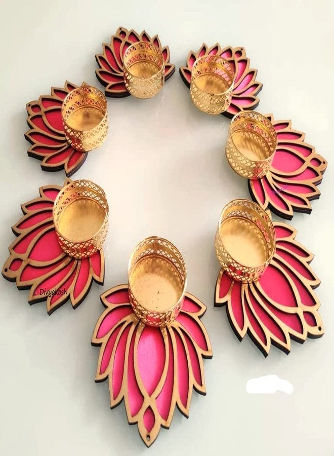 Anishop Wood Handmade Lotus Floor Decoration Reusable Rangoli For Puja Decor|Tealight Candle Holder|Lotus Diya For Pooja, Festival Diwali (7 Pcs) Goddess Worship|With 7 Wax Candle - Image 1