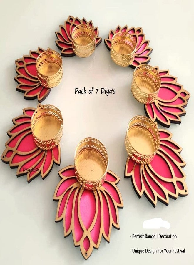 Anishop Wood Handmade Lotus Floor Decoration Reusable Rangoli For Puja Decor|Tealight Candle Holder|Lotus Diya For Pooja, Festival Diwali (7 Pcs) Goddess Worship|With 7 Wax Candle - Image 2
