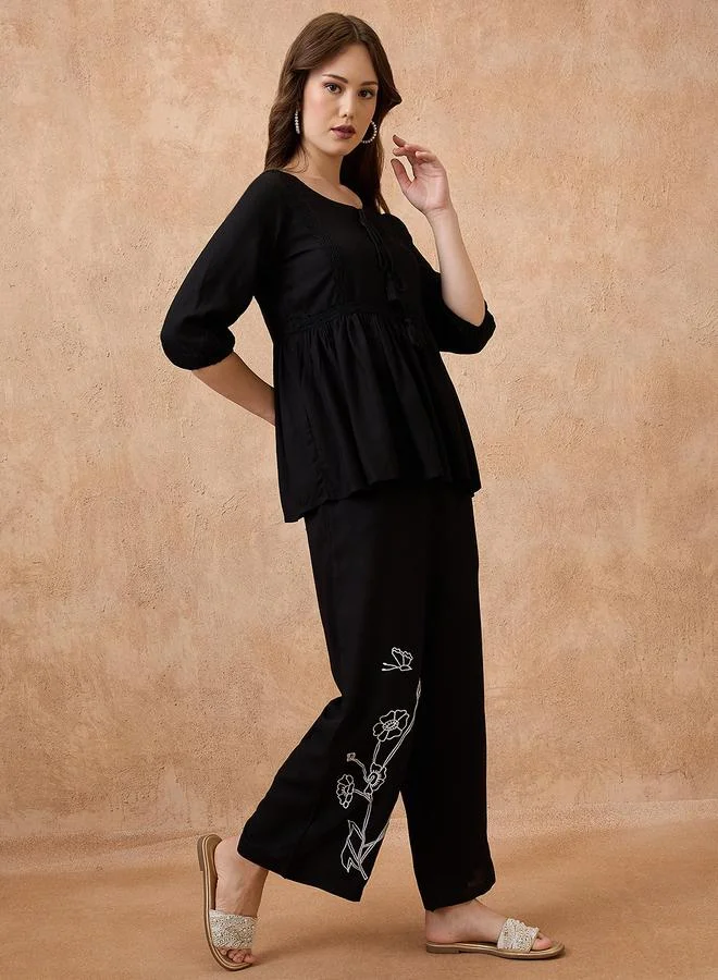 globus Globus Black Lace Insert Peplum Top and Trousers Workwear Co-Ords