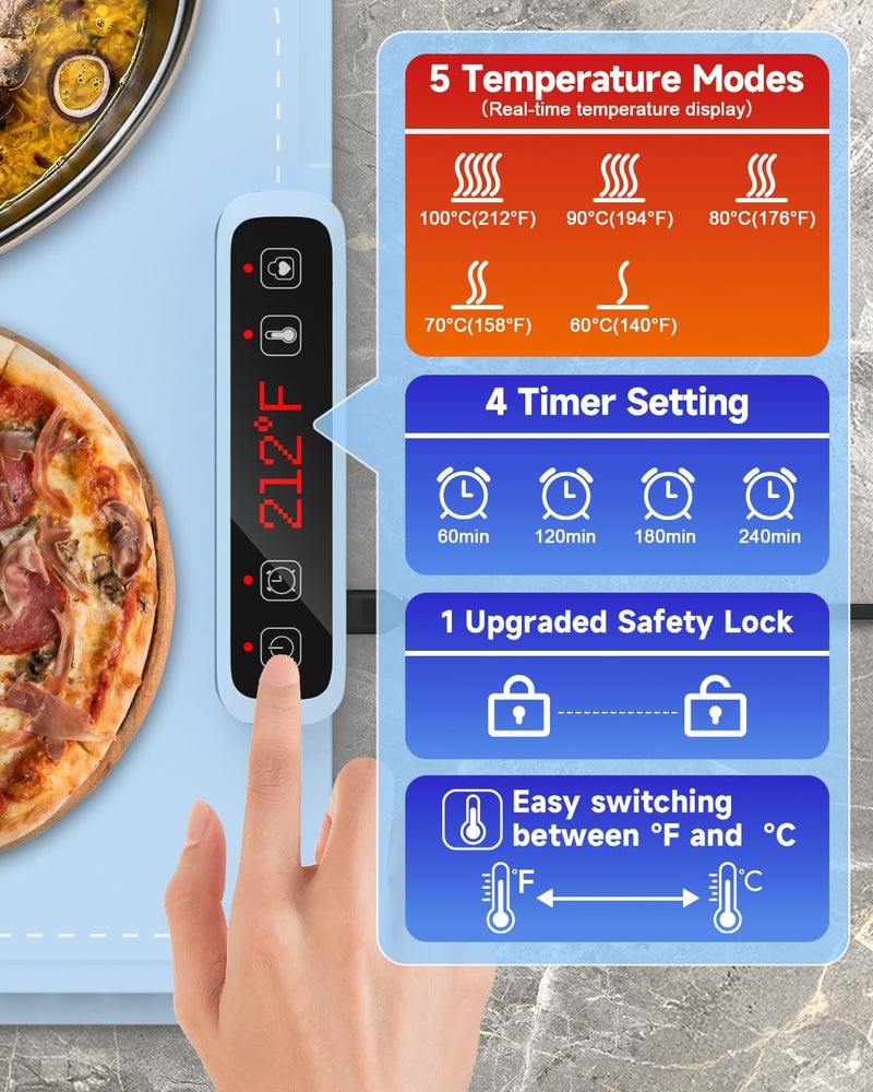Yidoo Food Warming Mat with Anti Scald Mat Storage Bag Safety Lock YIDOO Silicone Electric Warming Tray for Food with 5 Temperature 4 Time Moder Roll Up Portable Food Warmers for Parties Buffet Gatherings - Image 4