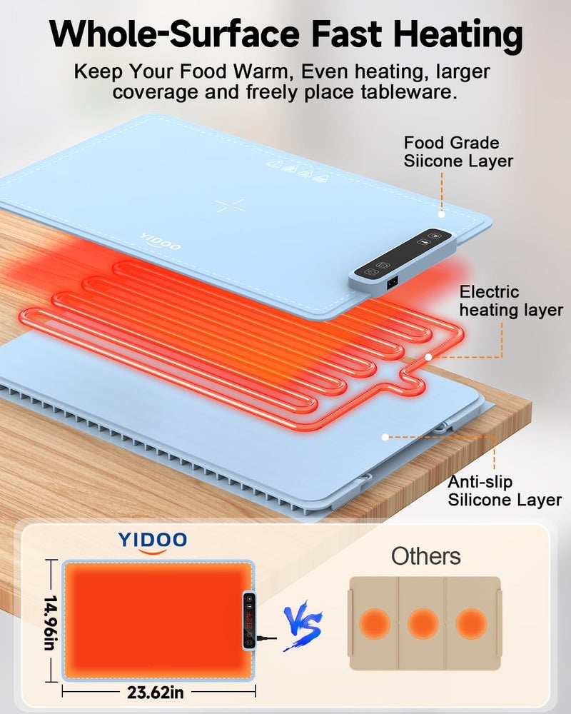 Yidoo Food Warming Mat with Anti Scald Mat Storage Bag Safety Lock YIDOO Silicone Electric Warming Tray for Food with 5 Temperature 4 Time Moder Roll Up Portable Food Warmers for Parties Buffet Gatherings - Image 5