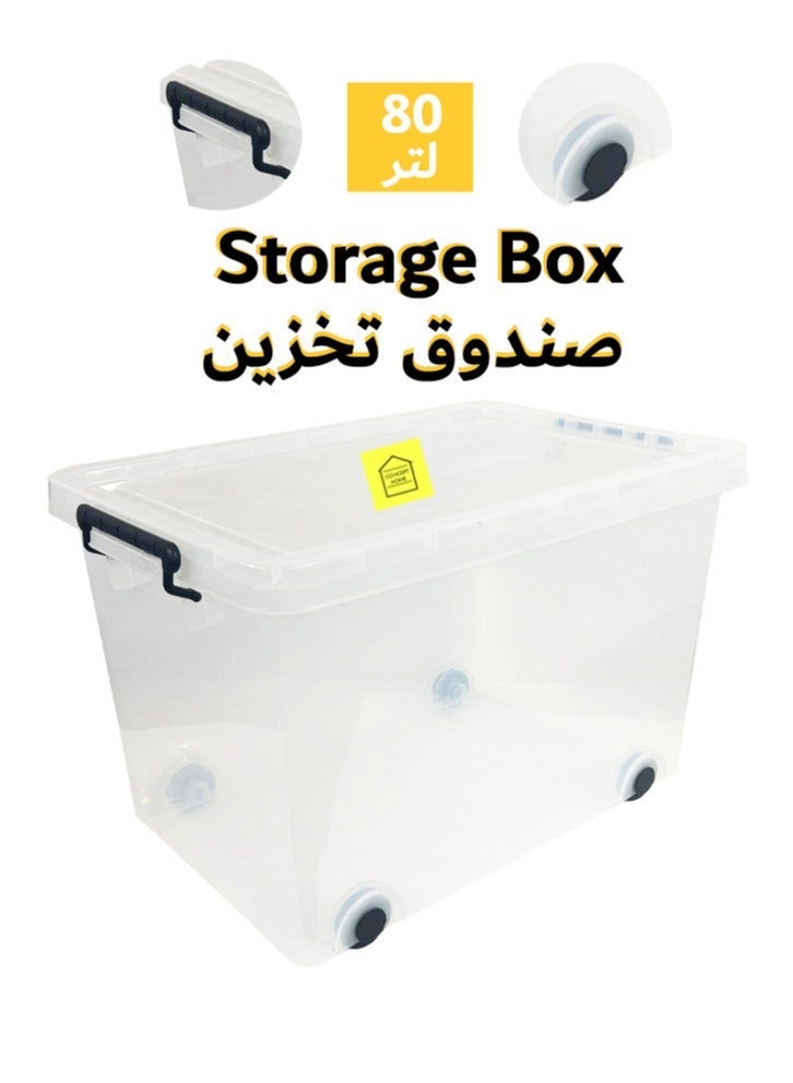 Concept home Plastic Storage Box Multipurpose Transparent Plastic Storage Box With Wheels And Lockable Lid 80L Clear/Black - Image 2