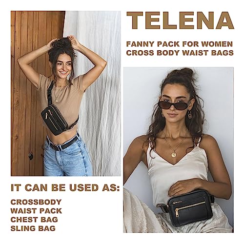 Telena Fanny Packs for Women Cross Body Bag Leather Belt Bag Fashionable Waist Bag with Adjustable Strap Black - Image 2