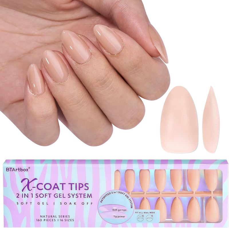BTArtbox Short Almond Gel Nail Tips XCOATTIPS Soft Gel Press On Nails Nude false nails Preapplied Tip Primer Natural Full Cover Fake Nails for Nail Extensions
