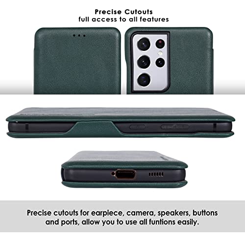 PULOKA for Samsung Galaxy S23 Ultra - Sleek Flip Case - Premium Vegan Leather Phone Cover with Card Slot - Slim, Durable, Privacy Protection - Kickstand Function - Elegant Flip Wallet Cases - Green - Image 3