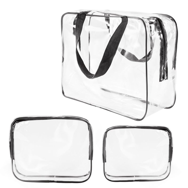 Roybens 3Pcs Crystal Clear PVC Travel Toiletry Bag Kit for Women Men, Waterproof Vinyl Organizer Makeup Bags with Zipper Handle Straps, Cosmetic Bag Pouch Carry on Airport Airline Compliant Bag Handbag - Image 1