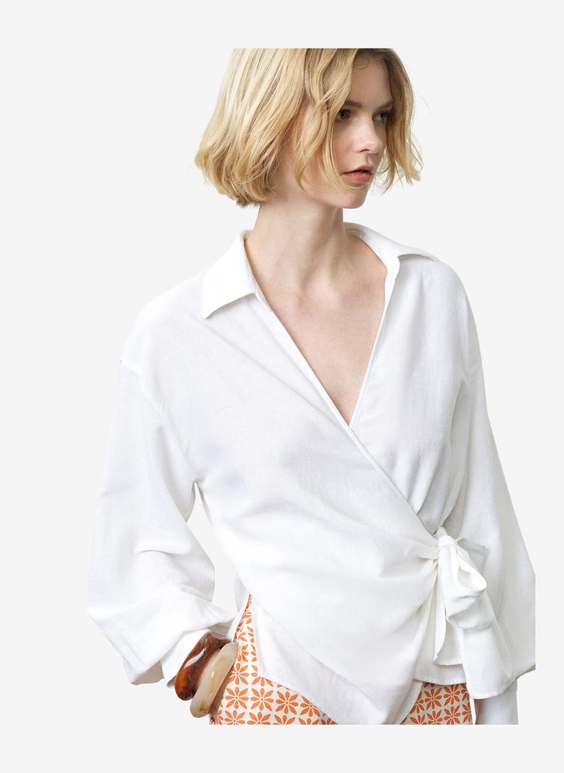 French Connection Women's Linen White Ariette Linen Blend Wrap Over Top - Image 3