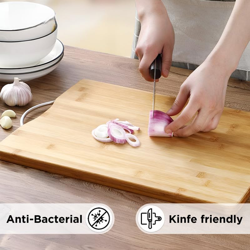Shopeleven Bamboo Wood Chopping Cutting Board for Kitchen Vegetables, Fruits & Cheese, BPA Free, Eco-Friendly, Anti-Microbial | Wooden Chopping Board with Handle (Pack of 1) - Image 2
