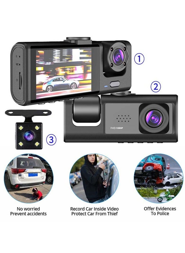 AROAQ 3 Channel Dash Cam, Dashcam Three Way Triple Car Camera with IR Night Vision,  Loop Recording & 2" IPS Screen 1080P Dash Cam Front and Rear Inside, (3 camera no card) - Image 2