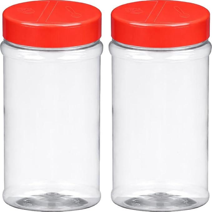 BRIGHTFROM 16oz Empty Spice Jars – Clear BPA-Free Plastic Shaker Bottles with Dual Lids, Wide Mouth for Easy Filling, Reusable Herb, Salt, Pepper, and DIY Seasoning Storage - 2 Pack