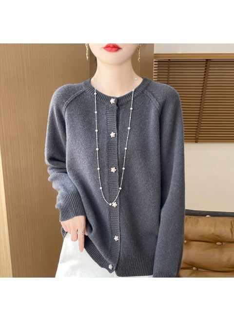 Wool Blended 2024 Autumn and Winter New Round Neck Short Solid Color Thickened Raglan Sleeve Star Button Knitted Cardigan Sweater Elephant gray