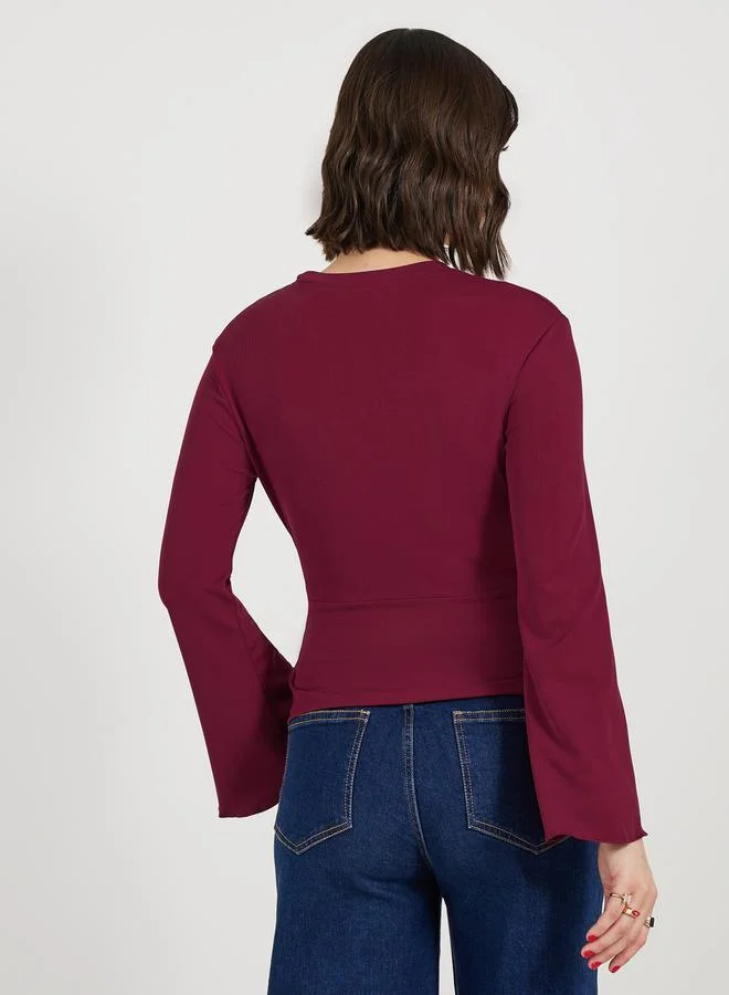Styli Overlap V Neck Knit Wrap Top with Flared Sleeves