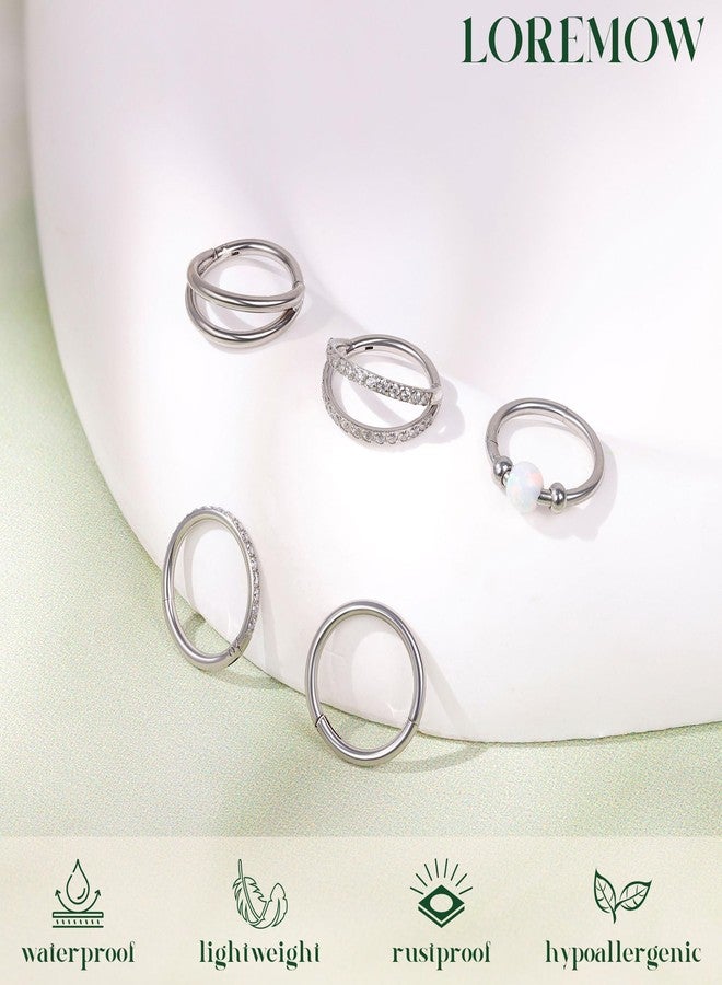 LOREMOW 5PCS 18G Clicker Nose Ring Hoops for Women Men Hinged Double Cartilage Nose Hoop Surgical Steel Tragus Helix Rook Opal CZ Septum Lip Ring Hoop Earrings Nose Piercing Jewelry 8-10MM, 8MM - Image 3