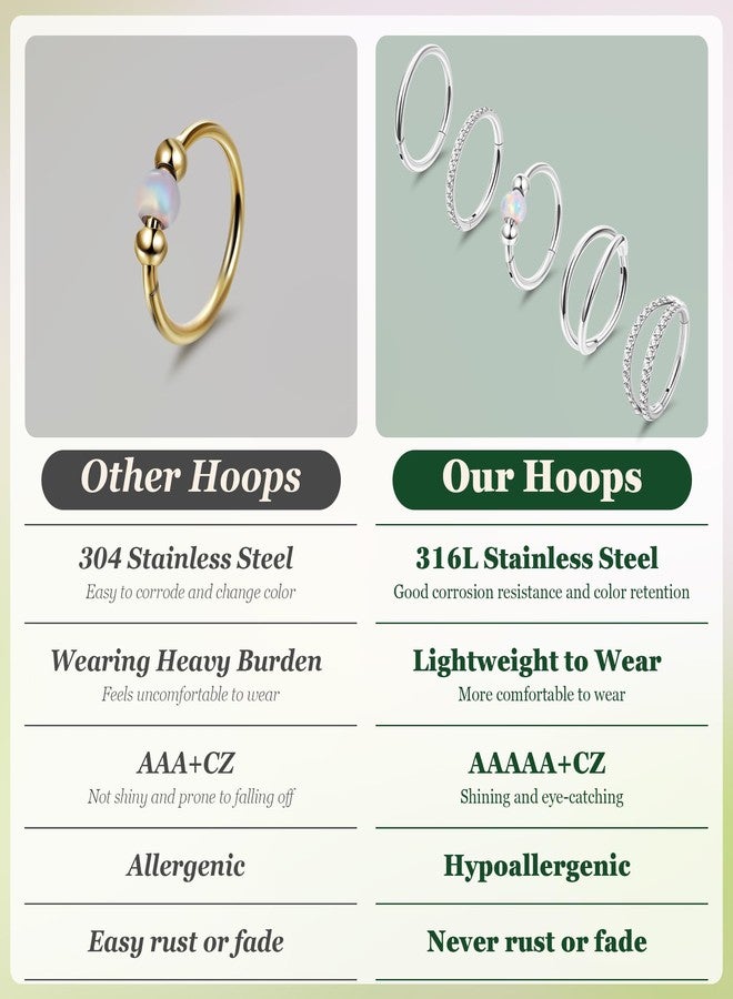 LOREMOW 5PCS 18G Clicker Nose Ring Hoops for Women Men Hinged Double Cartilage Nose Hoop Surgical Steel Tragus Helix Rook Opal CZ Septum Lip Ring Hoop Earrings Nose Piercing Jewelry 8-10MM, 8MM - Image 4