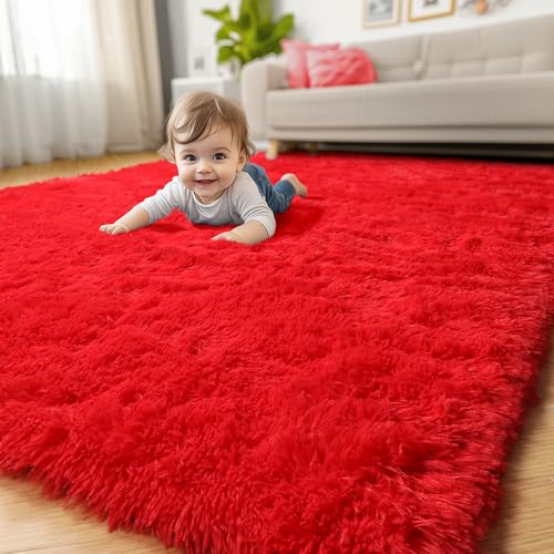 Red Rug for Bedroom Living Room Decor Red Carpet Christmas Rug 4x6 Fluffy Shaggy Fuzzy Furry Throw Area Rugs for Kids Room Preppy Dorm Nursery Classroom Scarlet Cute Shag Plush Rugs for Teen Boys