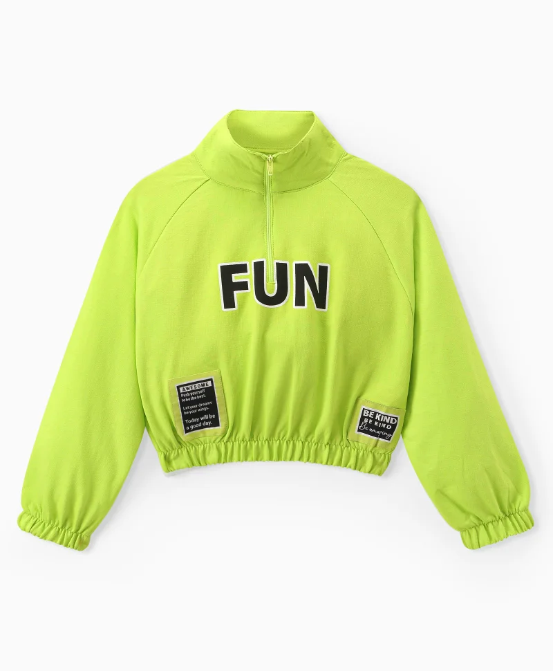 Ollington St. Ollington St. 100% Cotton Knit Raglan Sleeves High Neck Front Zipper Sweatshirt and Joggers Set With Text Print - Neon Green and Black