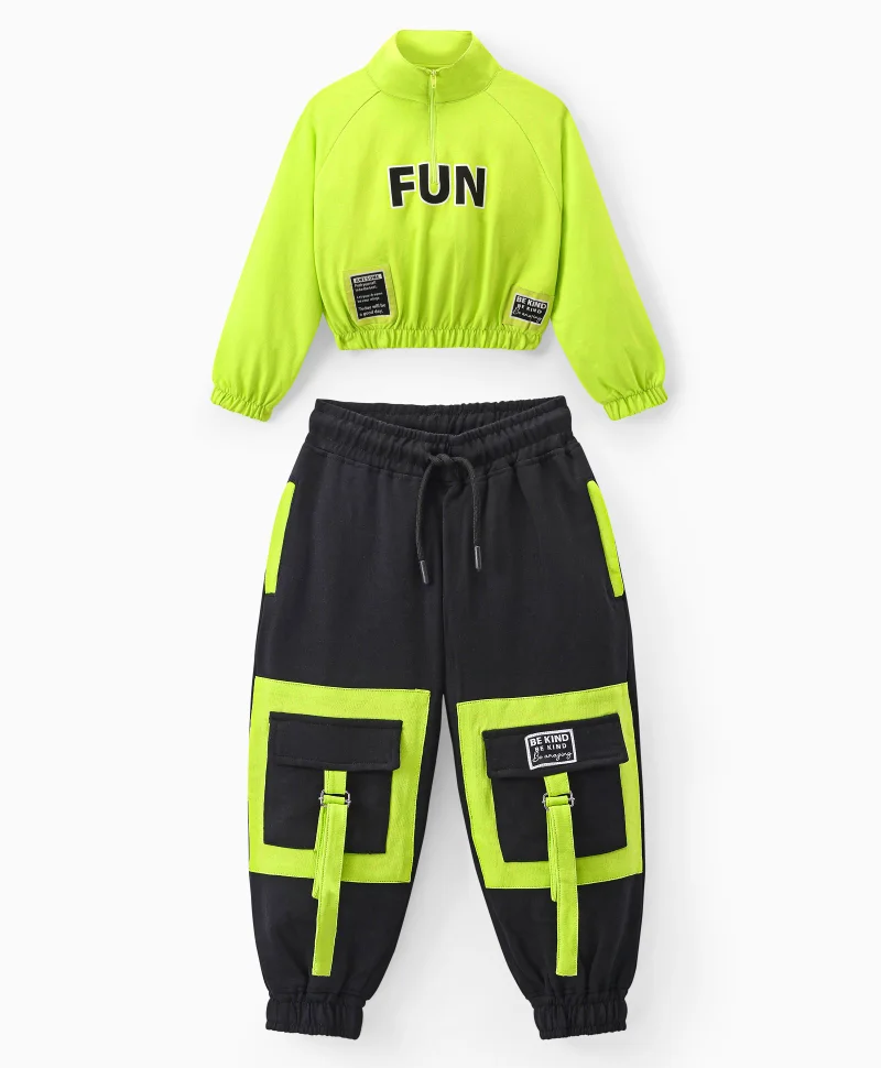Ollington St. Ollington St. 100% Cotton Knit Raglan Sleeves High Neck Front Zipper Sweatshirt and Joggers Set With Text Print - Neon Green and Black