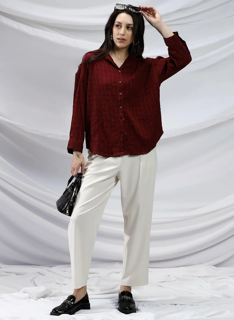 Campus Sutra Women's Burgundy Red Halo Check-Tactile Relaxed Shirt For Casual Wear | Spread Collar | Long Cuffed Sleeves | Button Closure | Shirt Crafted With Comfort Fit For Everyday Wear