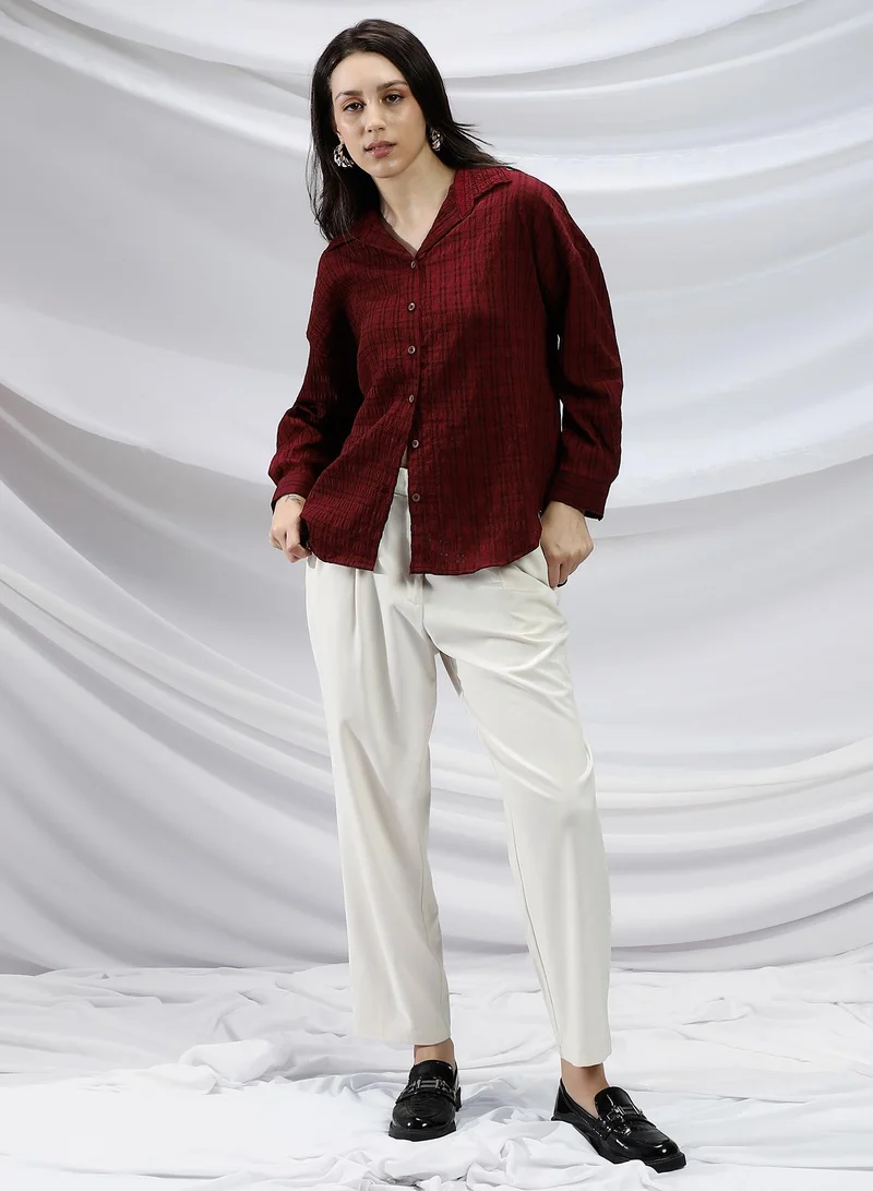 Campus Sutra Women's Burgundy Red Halo Check-Tactile Relaxed Shirt For Casual Wear | Spread Collar | Long Cuffed Sleeves | Button Closure | Shirt Crafted With Comfort Fit For Everyday Wear