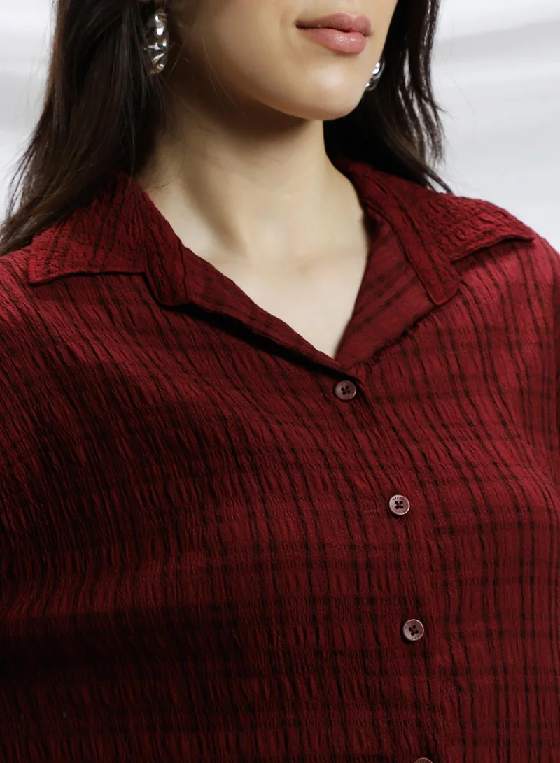 Campus Sutra Women's Burgundy Red Halo Check-Tactile Relaxed Shirt For Casual Wear | Spread Collar | Long Cuffed Sleeves | Button Closure | Shirt Crafted With Comfort Fit For Everyday Wear