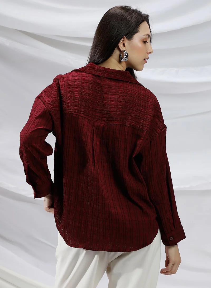 Campus Sutra Women's Burgundy Red Halo Check-Tactile Relaxed Shirt For Casual Wear | Spread Collar | Long Cuffed Sleeves | Button Closure | Shirt Crafted With Comfort Fit For Everyday Wear