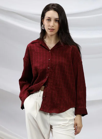 Campus Sutra Women's Burgundy Red Halo Check-Tactile Relaxed Shirt For Casual Wear | Spread Collar | Long Cuffed Sleeves | Button Closure | Shirt Crafted With Comfort Fit For Everyday Wear