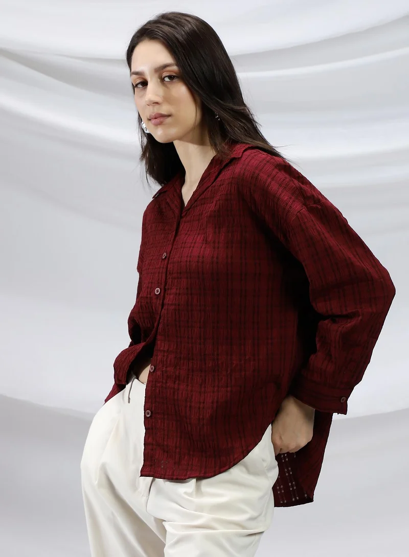 Campus Sutra Women's Burgundy Red Halo Check-Tactile Relaxed Shirt For Casual Wear | Spread Collar | Long Cuffed Sleeves | Button Closure | Shirt Crafted With Comfort Fit For Everyday Wear