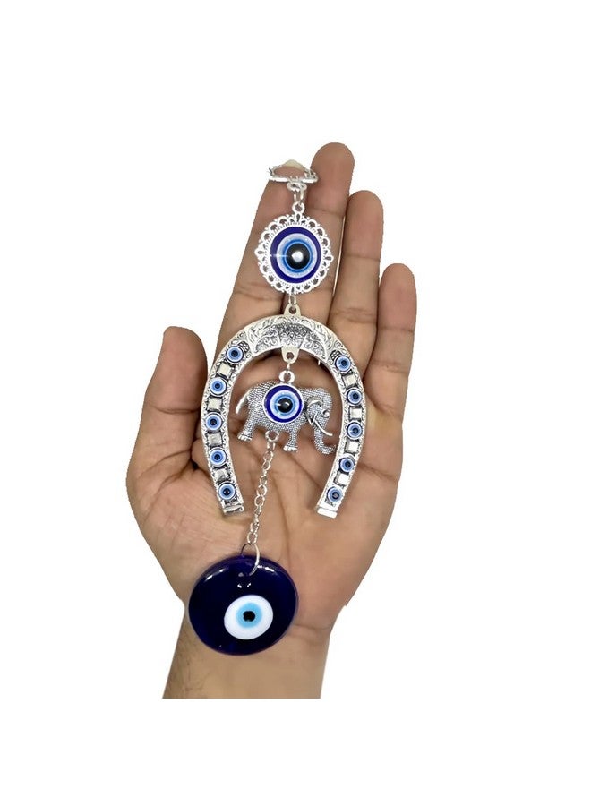 DT DECTONE Stainless Steel Evil Eye Hanging for Home Main Door Entrance, House Door Decoration, Horseshoe with Elephant Nazar Battu for Home Protection, Prosperity at Office and Home, Blue - Image 1