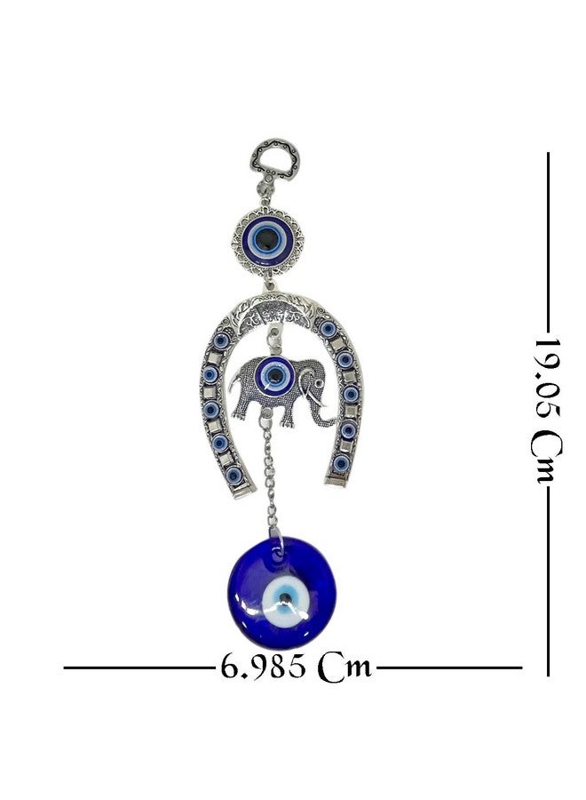 DT DECTONE Stainless Steel Evil Eye Hanging for Home Main Door Entrance, House Door Decoration, Horseshoe with Elephant Nazar Battu for Home Protection, Prosperity at Office and Home, Blue - Image 2