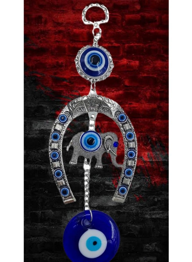 DT DECTONE Stainless Steel Evil Eye Hanging for Home Main Door Entrance, House Door Decoration, Horseshoe with Elephant Nazar Battu for Home Protection, Prosperity at Office and Home, Blue - Image 4
