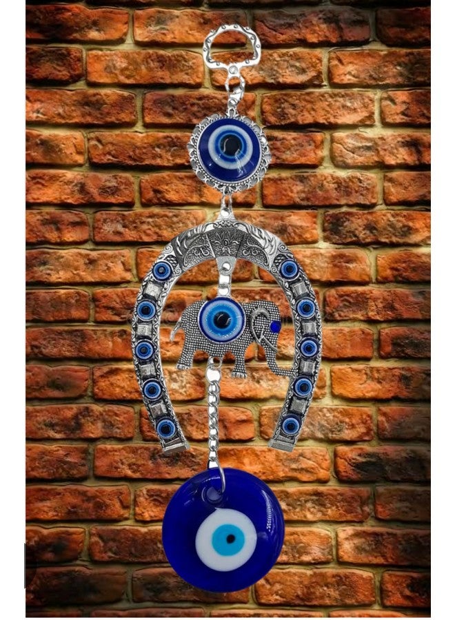 DT DECTONE Stainless Steel Evil Eye Hanging for Home Main Door Entrance, House Door Decoration, Horseshoe with Elephant Nazar Battu for Home Protection, Prosperity at Office and Home, Blue - Image 3