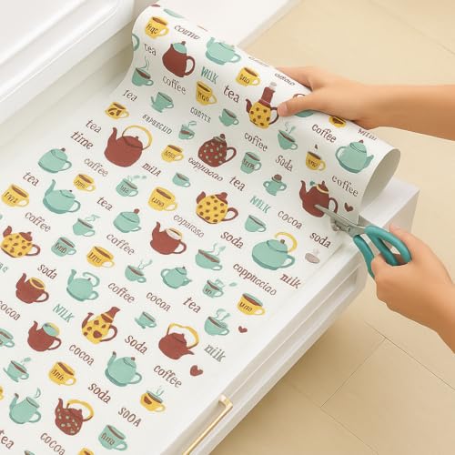 GREEWELT PVC Cup & Tea Design Shelf Liner Roll (45cm x 150cm) for Kitchen Cabinet, Drawer, Fridge, Table & Wardrobe | Waterproof Anti-Slip EVA Shelf Mat | Reusable Cuttable Mat | Coffee Print - Image 1