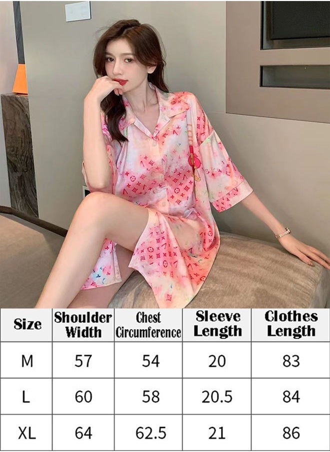 ZCM-HAPPY - Ladies Spring And Summer Chiffon Short-Sleeved Printed Shirt Nightdress Sleepwear Nightwear - Image 1
