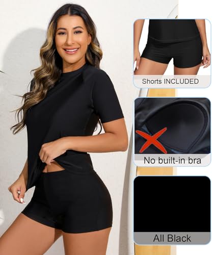 Halcurt Two Piece Short Sleeve Rash Guard Quick Dry Swimsuit UPF 50 Solid Black XL - Image 3