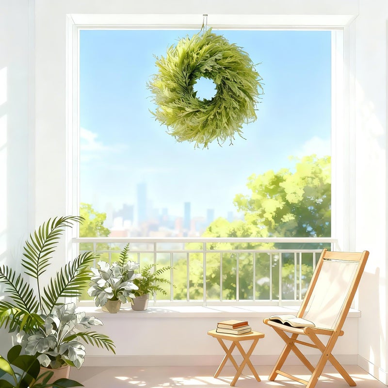 HipTree 28 Inch Spring Farmhouse Green Gradient Flocked Cypress & Pampas Grass Wreath Outdoor - Handmade Faux Cedar Pine Wreath for Front Door,All-Season Home DÃ©cor for Easter/St. Patrick's Day - Image 5