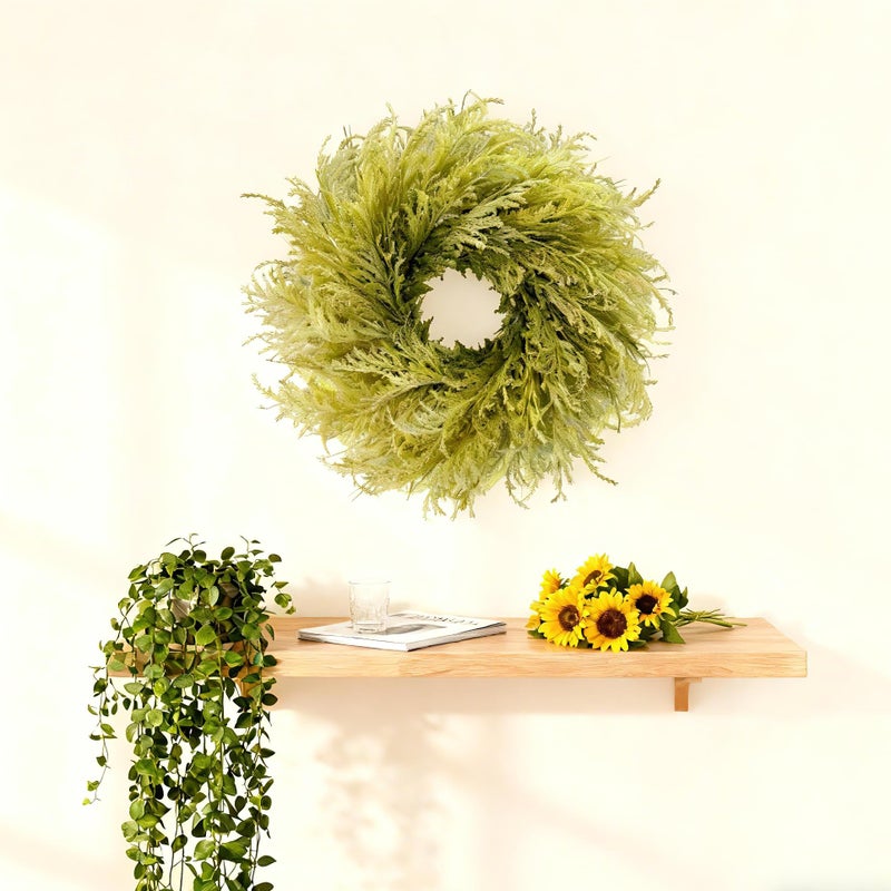 HipTree 28 Inch Spring Farmhouse Green Gradient Flocked Cypress & Pampas Grass Wreath Outdoor - Handmade Faux Cedar Pine Wreath for Front Door,All-Season Home DÃ©cor for Easter/St. Patrick's Day - Image 3