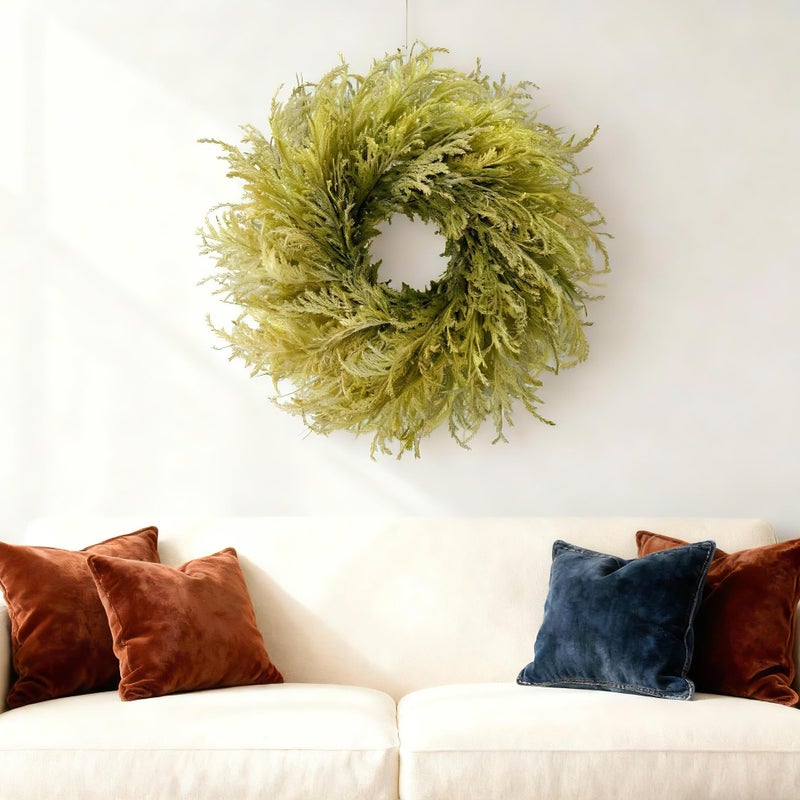 HipTree 28 Inch Spring Farmhouse Green Gradient Flocked Cypress & Pampas Grass Wreath Outdoor - Handmade Faux Cedar Pine Wreath for Front Door,All-Season Home DÃ©cor for Easter/St. Patrick's Day - Image 4